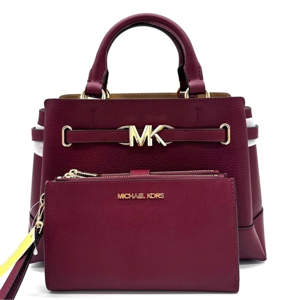 Michael Kors Reed Small Satchel Crossbody Bag & LG Double Zip Wallet Dark Cherry